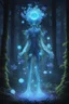 Placeholder: At night, the Forest Spirit transforms into the Night Walker or Daidarabotchi, a towering, translucent, and more abstract figure that glows with a blue light. In this form, the spirit's steps cause the vegetation to grow and wilt, highlighting its role as a giver and taker of life. Glowing floating flowery balls represent the essence of the forest