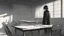 Placeholder: monochromatic japanese classroom with a shadowy figure looking out the window holding a transparent key emanating glow that colors the surroundings, anime