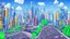 Placeholder: detailed alien cityscape, buildings with balconies, tracks, roads, paths, river, blue sky, white clouds