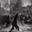 Placeholder: women, faces covered in black masks, ragged clothes, holding flag, war-torn, destroyed city in the background, 8k resolution, hyperrealistic, detailed matte painting, b&w, dynamic lighting, war, anarchy, terrorists, revolt, protests,