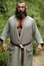 Placeholder: 1970's massive male muscular strong man , Turkish, hairy chest, age 42, muscle daddy, long beard, curly hair, oiled, armpits, in a wood, viril chest, bathrobe