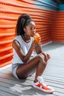 Placeholder: a woman sitting in a basketball court and eating ice cream