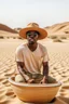 Placeholder: African man wearing hat and sunglasses, rowing small boat in desert sand