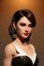 Placeholder: young business woman, brown hair, dark orange eyes, hoop earrings, red blouse, elegant, dark eyeshadow, black eyeliner, high arch angular eyebrows, head and shoulders portrait, 8k resolution, Artgerm, WLOP, Alphonse Mucha dynamic lighting, hyperdetailed, intricately detailed