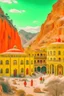 Placeholder: Wes anderson style, Palace on top of Ancient Lost City of Atlantis, Old futuristic big african village built under a overhanging snow mountain, many villagers walking, village on the ceiling of the cave and are connected through constructions, colorful, african style, sunny, seen wide. Shot on a Leica SL2 camera at F 1. 2 aperture setting, sharp, ultra detailed, 8k