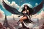 Placeholder: exotic sci-fi steampunk pin-up girl, with long dark hair and wings, on an alien planet with cloud trees, tall spires, buildings, bridges, arches