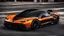 Placeholder: super futuristic sport car, electric, orange and black paint, black strypes, big wheels, tuned, shinning paint, front 3/4 view angle, spoiler, turbo, mazda influence, greath details on paint black background on street.