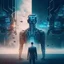 Placeholder: Create a visually striking scene that showcases the relationship between a human and AI, emphasizing human control over ai. The focus should be on the man getting power from technology for business improvement