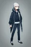 Placeholder: a teenage boy in school uniform, 1 boy solo portrait, greenish grey hair, simple background, full body, fully clothed, danganronpa, long hoodie coat, monocle