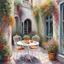 Placeholder: Oil paint,Colourfull,Beautiful open courtyard with white wrought iron table and chairs set for a refreshing lunch. Lots of plants and flowers. Vines climbing the walls.