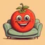 Placeholder: A TOMATO SHE HAS HANDS TWO EYES TWO LEGS A NOSE AND MOUTH SMILING SITTING ON A COUCH