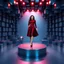 Placeholder: make a picture pretty stage made of metallic blue-gray teme 3d recursive cubic and sphere and cylinder base structures and a beautiful fashion model lady standing in scene with dark red top and pretty pleated midi skirt ,makeup curvy long hair,nice high heels,dynamic camera zoom to full body ,dynamic lights.