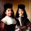 Placeholder: portrait of sisters Eira Santiago Arnau(ten year old, dark blonde) and Dalia Santiago Arnau (six year old, brunette) by Velazquez,smiling, oil on canvas, cinematic composition, extreme detail,8k,fit full head inside picture,