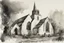Placeholder: Portrait of an English church in black and white wet watercolour