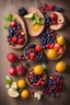 Placeholder: Set of summer fruits and berries in wooden serving.