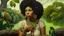 Placeholder: An oil painting featuring a 30-year-old black woman with vitiligo, curly hair, and an earring, sitting on a tree trunk. She is holding a green parrot with a beaded bracelet in its beak. The background shows a landscape with a lake, rocks, and trees. At the bottom left, there is a golden frame with text inside. A snake is near her feet. The style is reminiscent of classical portraiture with a surreal twist, using chiaroscuro techniques to highlight the figure against the detailed landscape.
