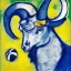 Placeholder: Marc Chagall style illustration of blue and yellow Bighorn Ram holding a football