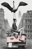 Placeholder: the woman rides on the back of a flamingo in the city center with a huge shopping bag, collage, stamp, old newsprint, pen, dry flower, ink, bizarre