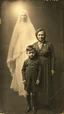 Placeholder: An old picture style of black and white mono very bad quality looks very old camera picture with cracks a 10!years old boy standing with his mom behind them a mysterious light looks like an old woman smiling ghost very dim figure , year 1900