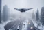 Placeholder: spaceship flying low over a snow-covered city