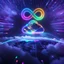 Placeholder: Colourful 3D glowing infinity symbol ∞, hovering above a colourful glowing cloud, network and lights coming from the cloud onto a futuristic map of the globe, inspiring, neon, glowing, friendly, beautiful, octane render, 8k post-production, artstation: award-winning: atmospheric: commanding: fantastical: clarity: 16k: ultra quality: striking: brilliance: liquid medium: stunning colors: amazing depth; lens: f/8, 28mm