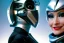 Placeholder: Technological utopia. Machine, fake smile, staring eyes. 3D-tiling on the adaptive background. Lightly armored, haughty cyborg. Cyber-punk full-mask. Lay figure woman is Out-of-control, mischievous. Insane. Repugnant behavior towards a human. Surreal. Haute Couture 1996. Light right. Colors are silver, black, Cyan. Huge headphones. golden rings & disc. Thick tights Thick calves Curved fell Wide hip. Secretly takes of the helmet, reveals ugly old hag. Grotesque. Delicatessen, Clockwork Orange