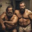 Placeholder: two ugly angry muscular chubby arabs 40 years old similar to bud spencer, very detailed, full figure shot, very realistic photography, dim light, view from below, tiled restroom, tattoo, masculine bearded, mature barely burly bearded muscled and robust, photorealistic