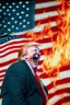 Placeholder: donald trump burns the american flag while maniacally laughing