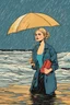 Placeholder: Pop-art style. 23-year-old woman with blonde hair and bright blue eyes stands in the sea, se has a bun.. She holds an umbrella, but it offers no protection from the pouring rain. The rain pours through the umbrella, it is leaking and makes staines. The rain under the umbrella is heavy paint petrol blue, the rain transforms through the umbrella. She is painted blue because of the blue rain drops. The rain is pouring heavily. She is standing in the middle of the sea. the raindrops are paint