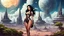 Placeholder: exotic sci-fi pin-up girl, with long dark hair, on an alien planet with cloud trees, tall spires and buildings