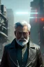 Placeholder: Old man Cyborg anime warrior, grey hair, trimmed grey beard,brown eyes, waist up portrait, 4k resolution, intricate details, ornate details, soft lighting, vibrant colors, retroanime, futuristic cityscape background