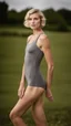 Placeholder: anorexic beautiful girl, age 21, total shot, short silver triathlon swimsuit, blonde wavy bob haircut, grey background