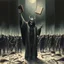 Placeholder: zombie priest raising an arm holding a bible in front of a rotting army, image broken up into individual panels which are separated and offset, nihilism, modern stylish oil painting, Ted McKeever style, by Michael Whelan, ink wash mind-bending illustration, dark shine, by VS Gaitonde