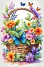 Placeholder: Watercolor drawing of a cute basket of flowers , with butterfly, beautiful plans, with bright flowers and plants, with soft bushes, v, very bright design, in a cartoon style