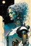 Placeholder: create an ethereal, otherworldly robotic female time traveler , in the comic book art style of Mike Mignola, Bill Sienkiewicz, and Jean Giraud Moebius, with highly detailed mechanical and cybernetic parts and feminine facial features , finely inked , dramatic natural lighting