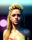 Placeholder: portrait, Shakira, blonde artist, Realistic image, drinking a strawberry milkshake, gold line make-up, sweat, fog, goddess style, Neon colors, leds. Black background, photo studio, concept art, smooth, unreal engine 5, god lights, ray tracing, RTX, lumen lighting, ultra detail, volumetric lighting, 3d, finely drawn, high definition, 4k.