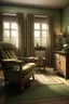 Placeholder: Photorealistic old woman's living room. Tidy and sparsely furnished with a well-loved recliner, sidetable and older tv. The recliner faces the tv. A small stool on wheels sits beside the tv. There is an open window with open drapes. The drapes appear to be hand sewn and tidy.