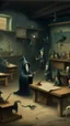 Placeholder: Bosch painting style nightmare, a dark children class room all children’s sitting on the desks are ghost and the teacher is a hooded creature holding a stick in front of the blackboard