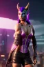 Placeholder: Athlethic Young tiefling woman, futuristic fantasy assassin character, portrait from waist up, intricate eyeliner, vibrant eyeshadow, clear completion, soft lighting, 4k resolution, intricate details, insanely detailed, white tank top, vibrant Japanese style tattoo sleeve, colorful cityscape background, masterpiece, expert, cinematic smooth, retroanime style, realistic details, red glowing eyes