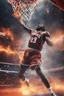 Placeholder: 8k, highly realistic and detailed image of a NBA basketball player in action dunking the ball in the net, sweaty hair, screaming look,action and smoke and flames background