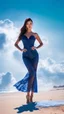 Placeholder: very nice real face beautiful Woman with make up at the beach standing pose in a short lace dark blue and silver dress, full body, 3D coudy sky volumetric nice clouds 8k sharp focus