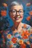 Placeholder: Oil paint on canvas, chiaroscuro, deep shadows, masterpiece, happy, 2020 caught off guard, 49-year-old Phyllis Kendall, short buzz-cut straight, dark salt and pepper hair, overweight, blue eyes, great big, round lensed eyeglasses, wearing a black, floral print, short-sleeved, pull-over shirt, dark blue sweatpants, sitting at the computer checking her emails