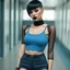 Placeholder: full body portrait -- an absolutely stacked, thin, petite, little female with great big giant bazoombas, short, military-cut, buzz-cut, pixie-cut black hair tapered on the sides, wearing short sleeved, nylon, Turtleneck tube top, blue jean mini shorts, heavy, black fishnet stockings, punk rock styled, platform boots, red lipstick, dark, emo, eye makeup