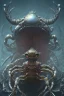 Placeholder: evil crabs with crown, alien, brutal face, tron, head, burn eyes, 8k, finely detailed, dark light, photo realistic, hr giger, cyberpunk