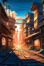 Placeholder: Futuristic town street with labyrinth entrance, anime