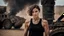 Placeholder: beautiful slender caucasian female technician, black tank top, dirty face, gritted teeth, well toned muscles, weathered face, scratched sand camo metal details, short brunette wavy bob haircut, dystopian, desert scene with smoke and explosions,