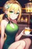 Placeholder: girl, masterpiece, best quality, cinematic lighting, detailed outfit, vibrant colors, perfect eyes, golden hair, green eyes, low ponytail, long hair, café, sitting, looking up, earrings, hair flower, smiling, depth of field, glowing light, reflection light, ray tracing, halterneck,