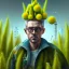 Placeholder: portrait of mad scientist in coat, yellow mad hat ,cell towers overgrown with plants, spray paint art, book illustration, 4k, high detail