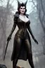 Placeholder: Amy Dumas as evil queen in black leather, leather, busty, cleavage, angry, rage, stern look. character design by cory loftis, fenghua zhong, ryohei hase, ismail inceoglu and ruan jia. unreal engine 5, artistic lighting, highly detailed, photorealistic, fantasy