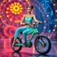 Placeholder: a very beautiful lady with makeup and bub hair, wearing a pretty blue-green sports pants an top, shows her performance driving a circus single Wheel monoBike in a modern stage with metallic fractal recursive structures that animate, and dynamic color lights.camera zoom to full body all time